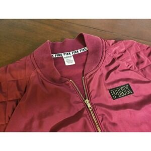 PINK Bomber Jacket Women Large Burgundy Quilted Graphic Full Zip Satin Finish